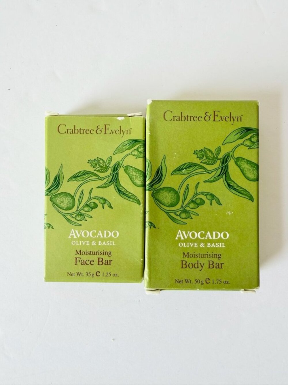 Crabtree & Evelyn Avocado Olive & Basil Soap Set 1 Body Bars 2 Face Bars New